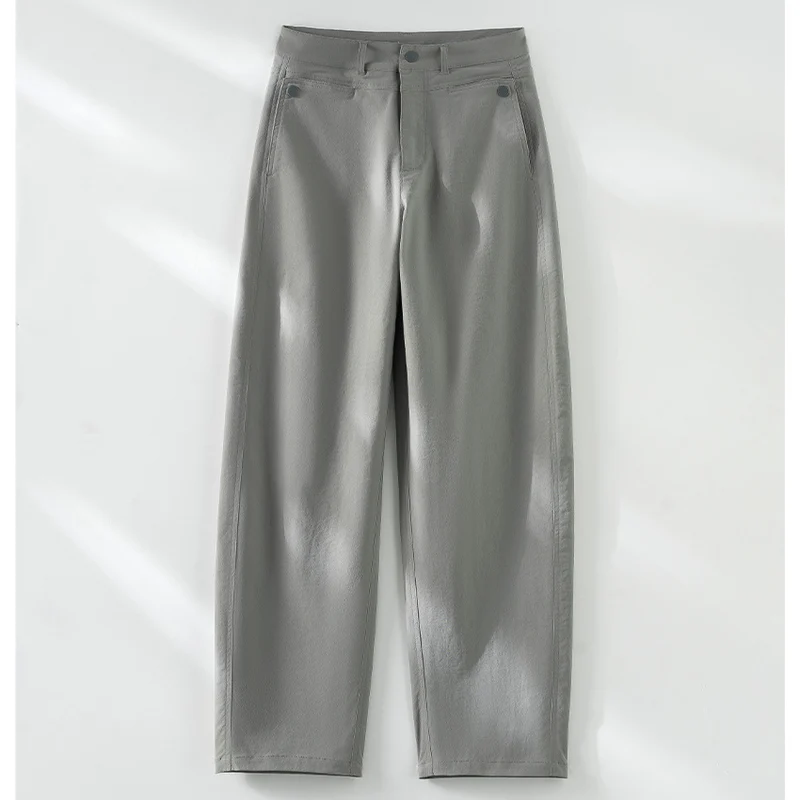 Damen hochtaillierte weite Stoffhose mit geradem Bein, Komfortbund und Eingrifftaschen Drune