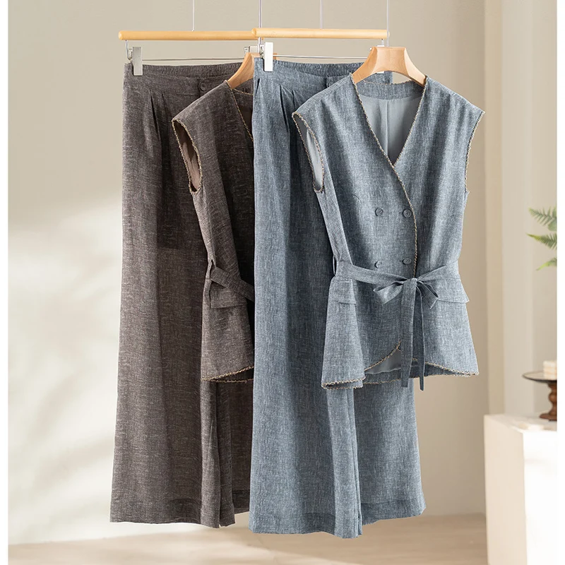 Damen Hochtaillierte Palazzo-Hose aus Leinenmix mit Bundfalten und elastischem Komfortbund Drune