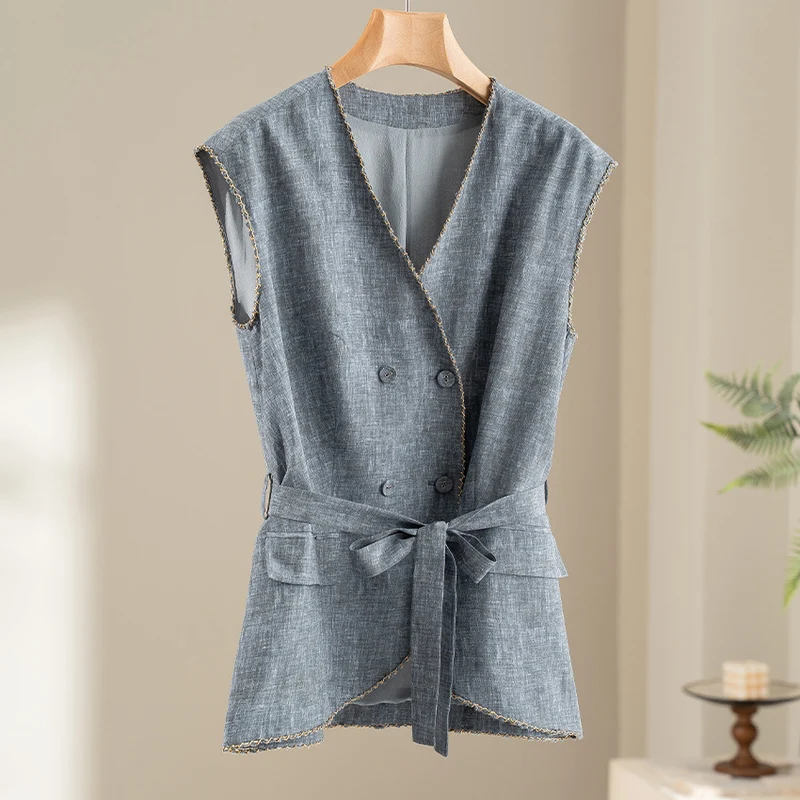 Damen Hochtaillierte Palazzo-Hose aus Leinenmix mit Bundfalten und elastischem Komfortbund Drune