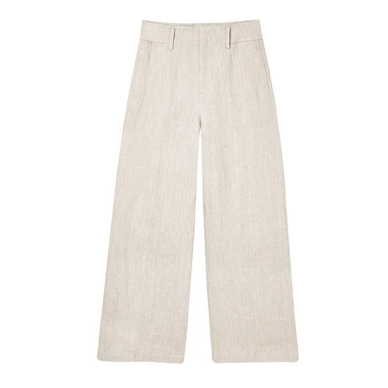 Damen Hochtaillierte Leinenhose mit weitem Bein, Bügelfalte und Gürtelschlaufen Drune