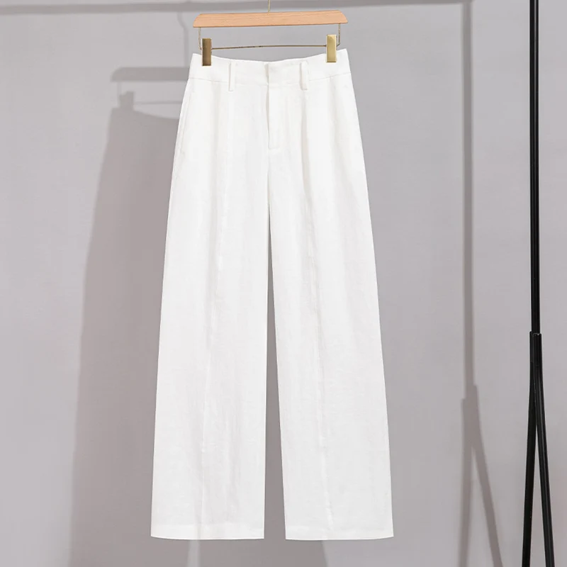 Damen Hochtaillierte Leinenhose mit weitem Bein, Bügelfalte und Gürtelschlaufen Drune
