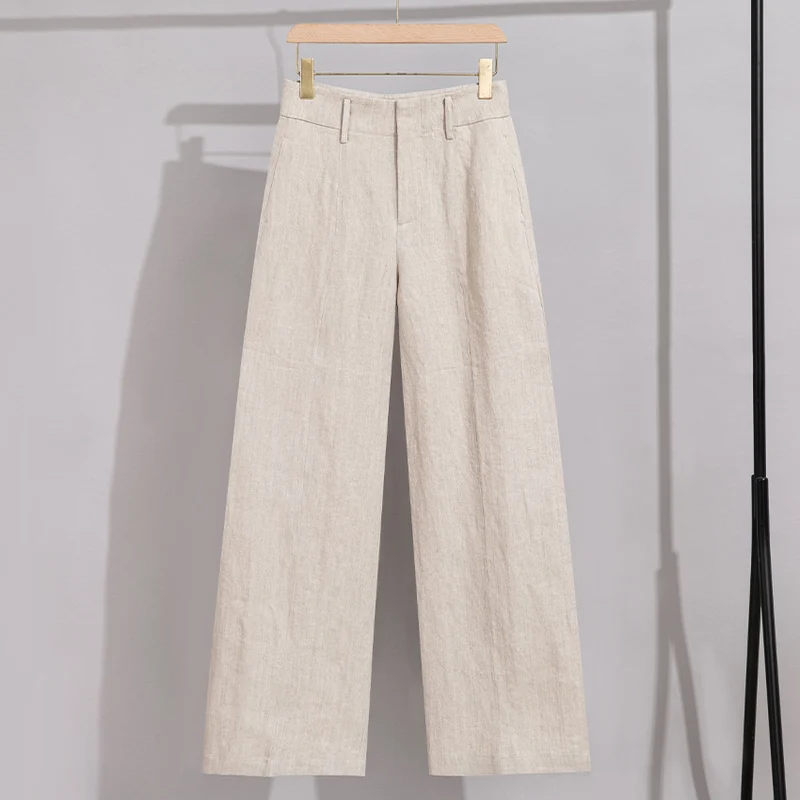 Damen Hochtaillierte Leinenhose mit weitem Bein, Bügelfalte und Gürtelschlaufen Drune