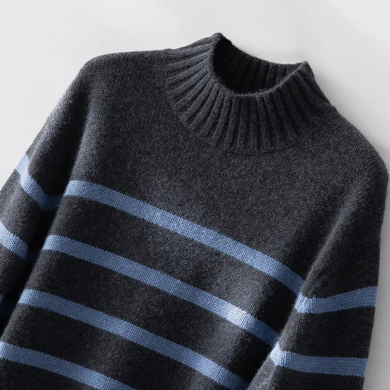 Damen Gestreifter Feinstrick-Pullover mit halbhohem Rippkragen und geripptem Saum Drune