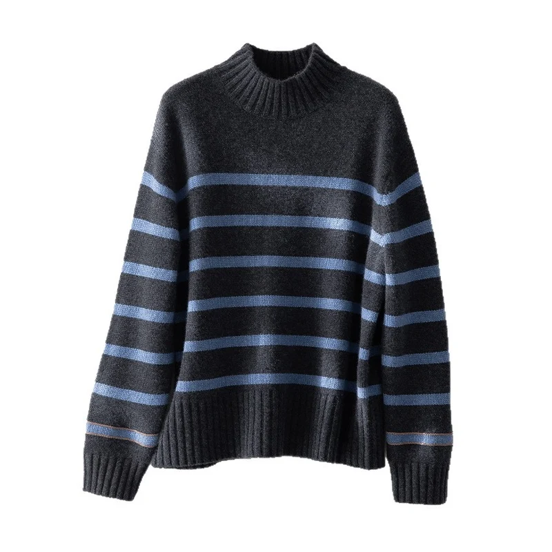 Damen Gestreifter Feinstrick-Pullover mit halbhohem Rippkragen und geripptem Saum Drune
