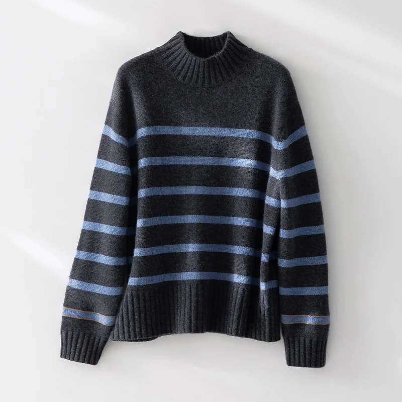 Damen Gestreifter Feinstrick-Pullover mit halbhohem Rippkragen und geripptem Saum Drune