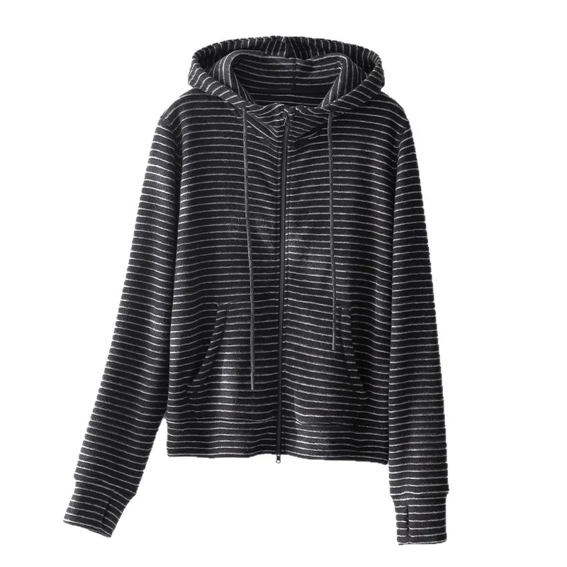 Damen Gestreifte Samt-Fleece Kapuzenjacke mit Reißverschluss und Kängurutaschen Drune