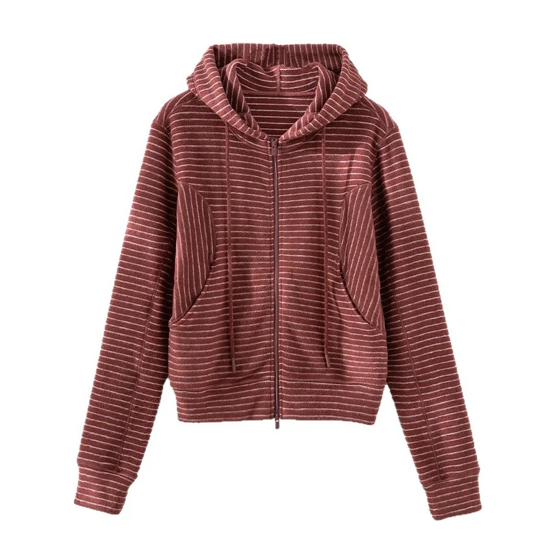 Damen Gestreifte Kapuzen-Zip-Strickjacke mit Eingrifftaschen und schmalem Rippbündchen Drune