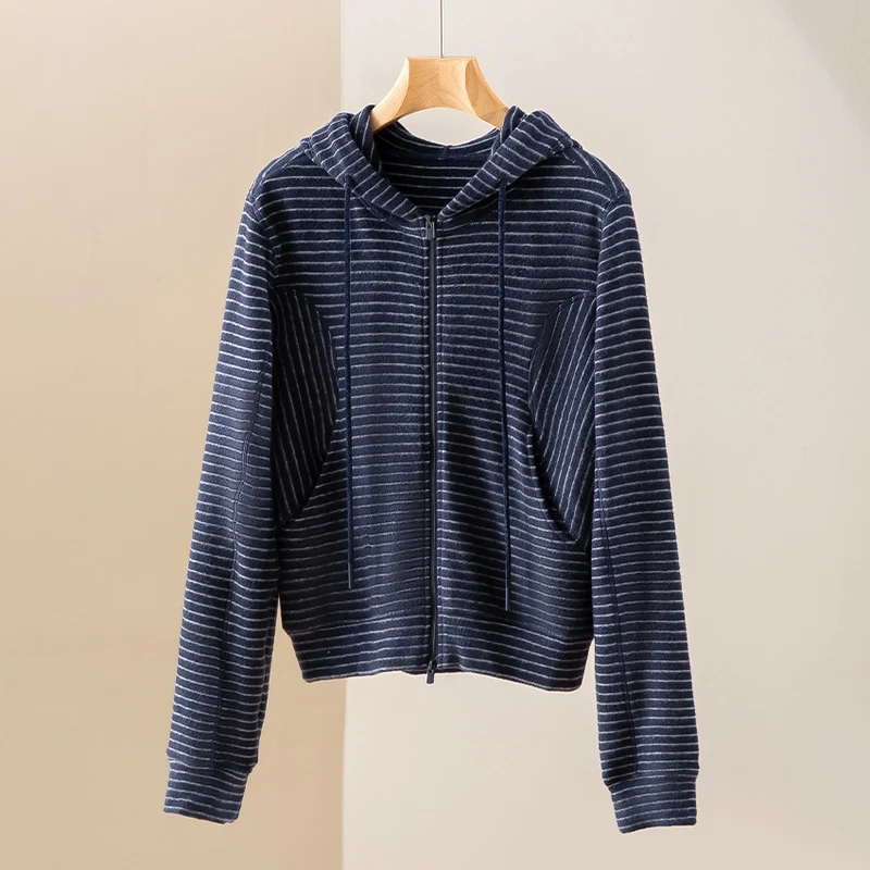 Damen Gestreifte Kapuzen-Zip-Strickjacke mit Eingrifftaschen und schmalem Rippbündchen Drune