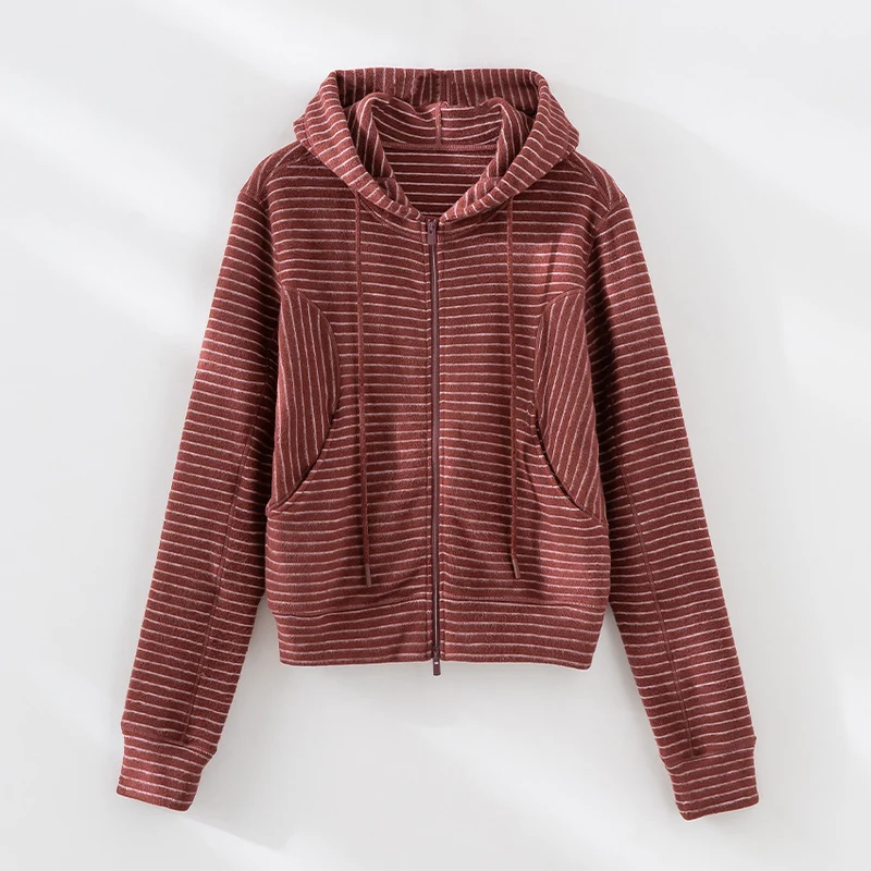 Damen Gestreifte Kapuzen-Zip-Strickjacke mit Eingrifftaschen und schmalem Rippbündchen Drune
