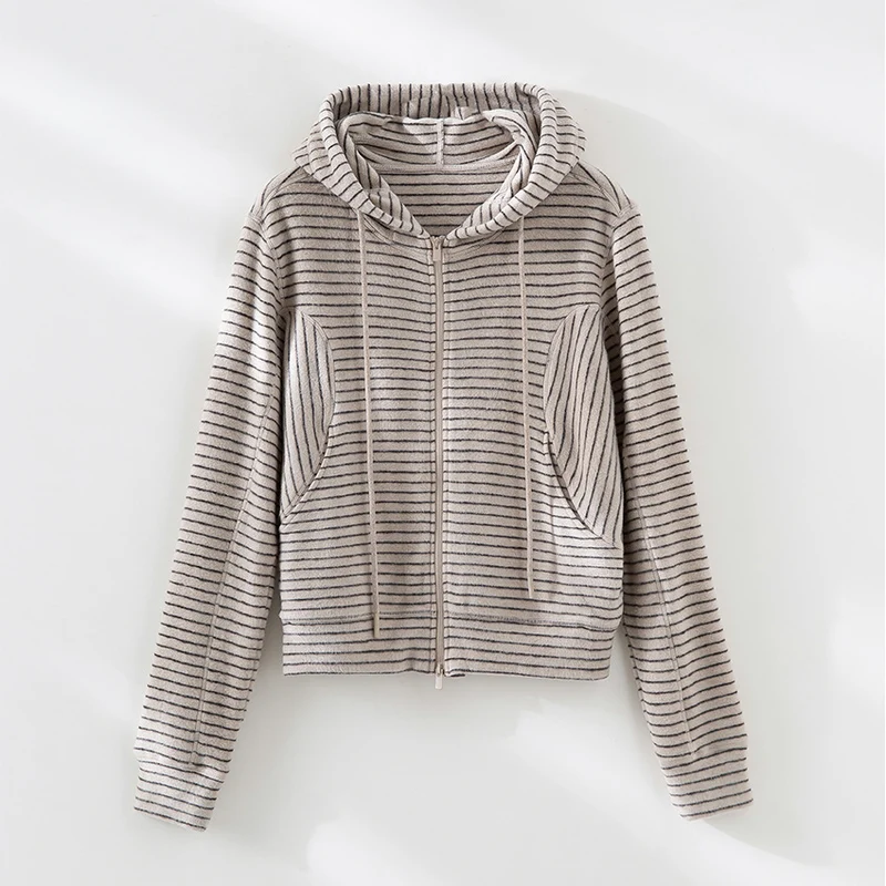 Damen Gestreifte Kapuzen-Zip-Strickjacke mit Eingrifftaschen und schmalem Rippbündchen Drune