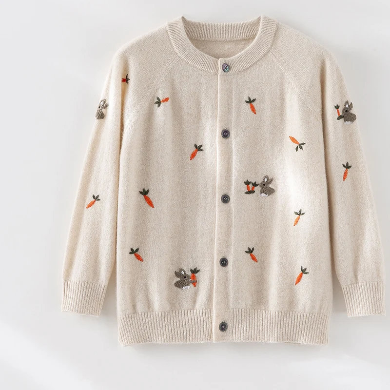 Damen Geknöpfte Feinstrick‑Cardigan mit Hasen‑ und Karottenstickerei Drune