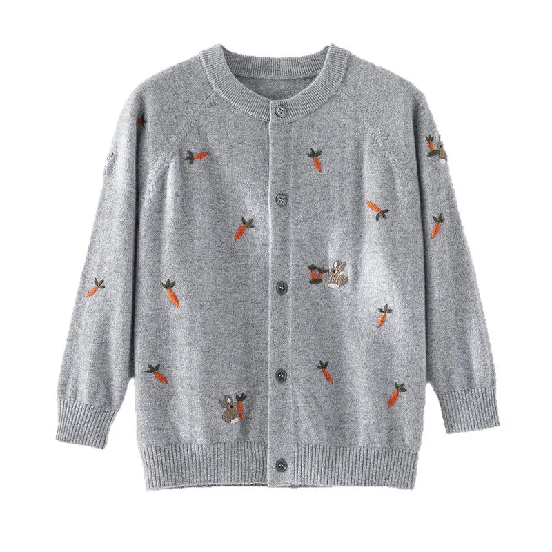 Damen Geknöpfte Feinstrick‑Cardigan mit Hasen‑ und Karottenstickerei Drune