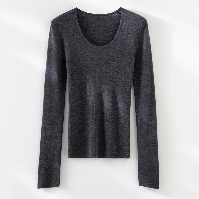 Damen Feinstrick-Langarmshirt mit tiefem U-Boot-Ausschnitt und feiner Rippstruktur Drune