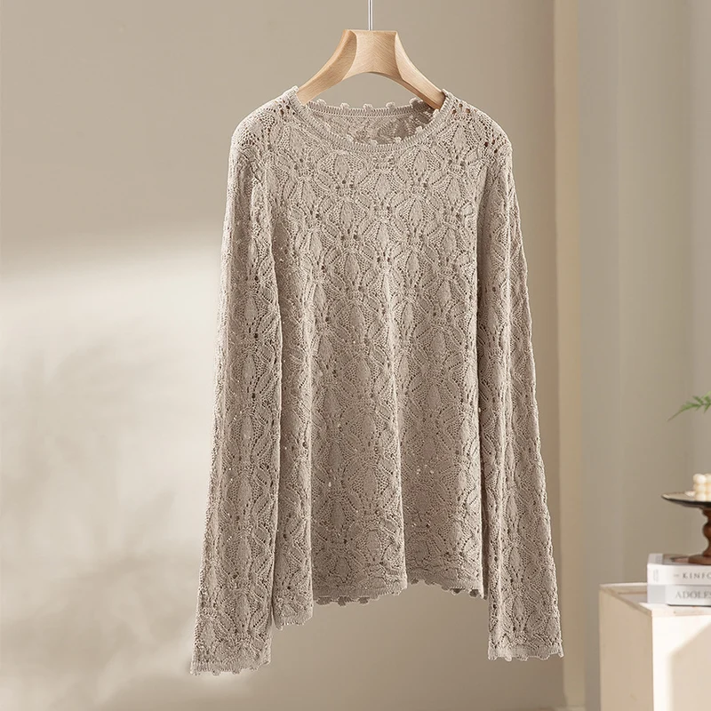 Damen Feines Häkel-Longsleeve mit floraler Lochmuster-Struktur und legerer Silhouette Drune