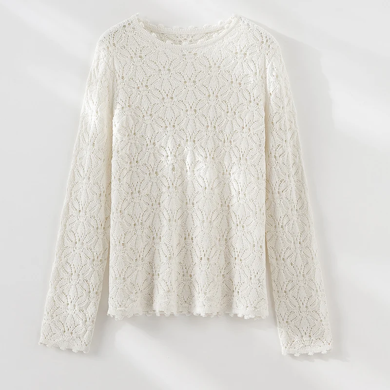Damen Feines Häkel-Longsleeve mit floraler Lochmuster-Struktur und legerer Silhouette Drune