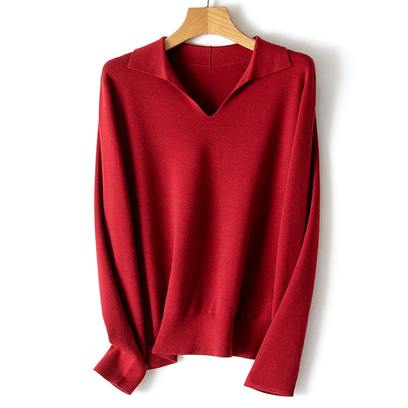 Damen feiner leichter V-Ausschnitt-Pullover mit offenem Hemdkragen und legerer Silhouette Drune