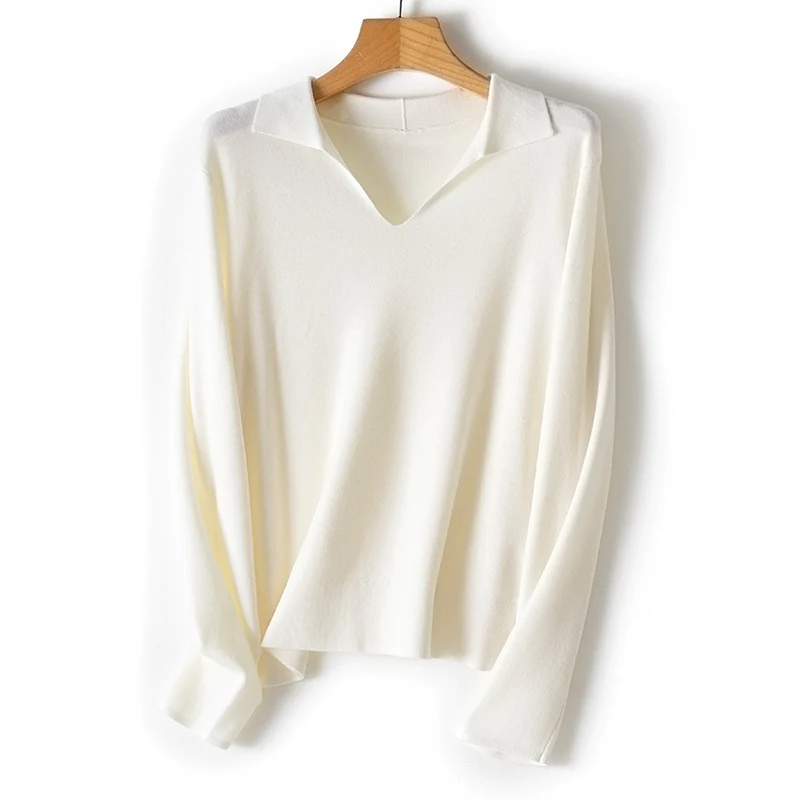 Damen feiner leichter V-Ausschnitt-Pullover mit offenem Hemdkragen und legerer Silhouette Drune