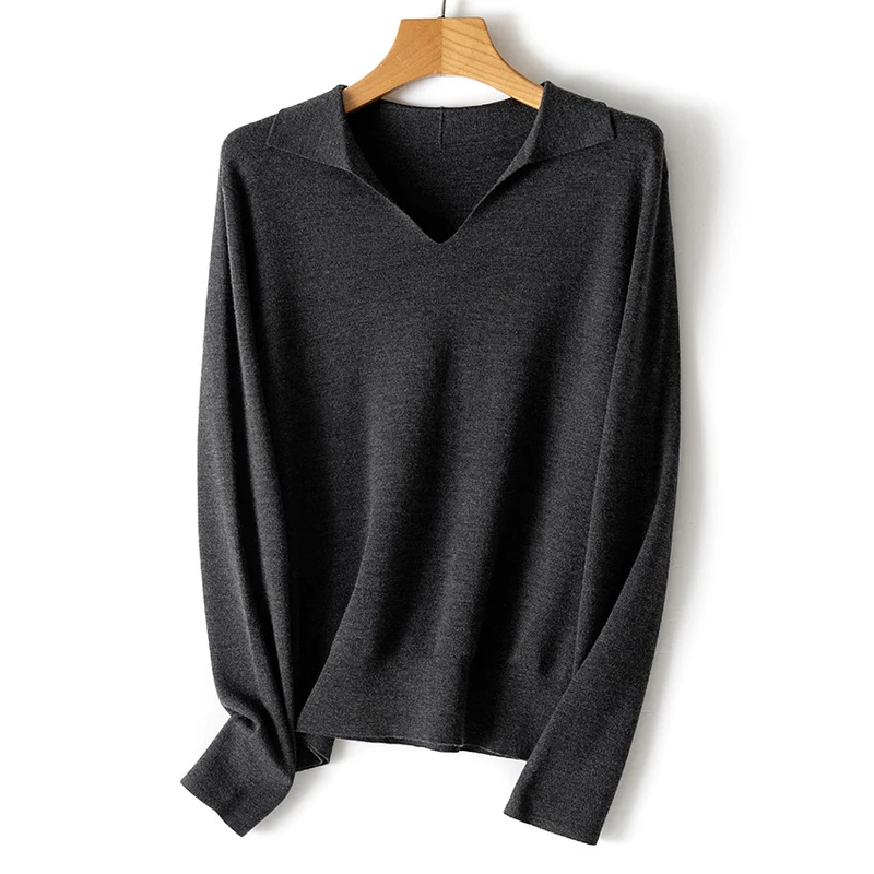 Damen feiner leichter V-Ausschnitt-Pullover mit offenem Hemdkragen und legerer Silhouette Drune