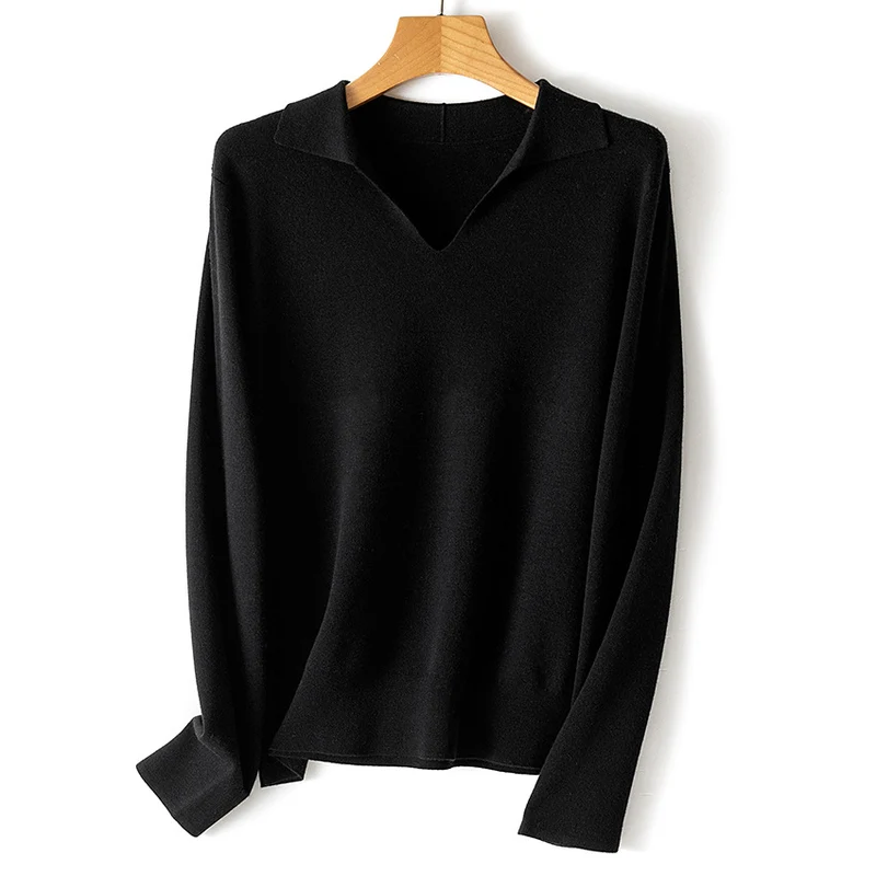 Damen feiner leichter V-Ausschnitt-Pullover mit offenem Hemdkragen und legerer Silhouette Drune