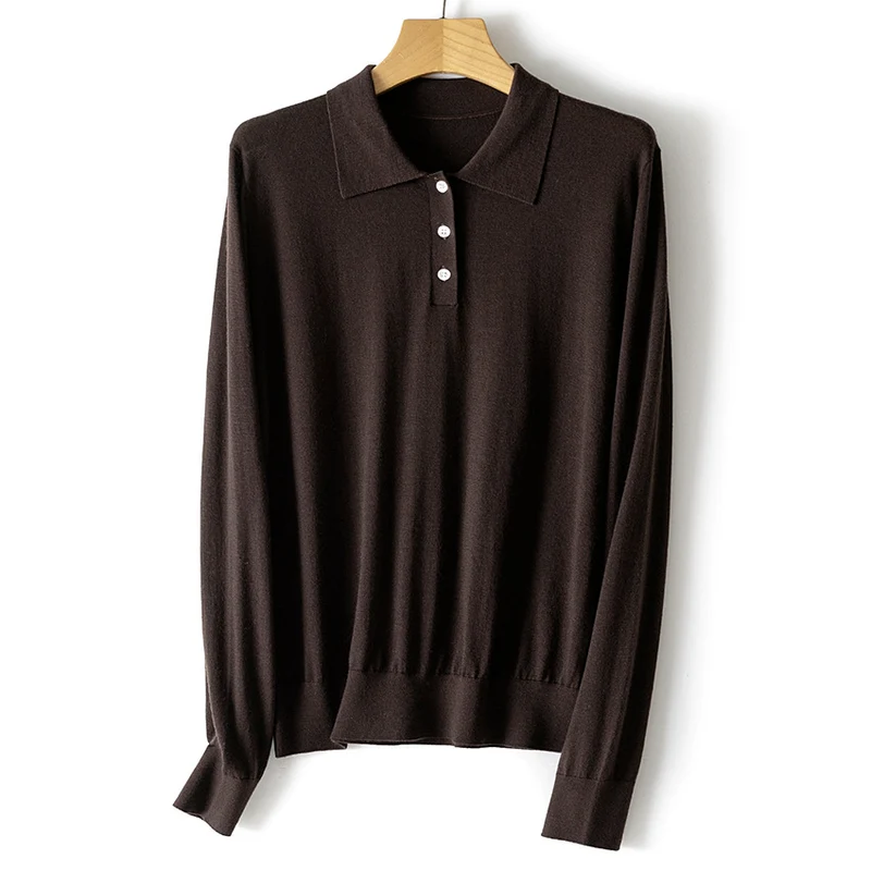 Damen Feiner Langarm-Polo-Pullover aus Feinstrick mit Knopfleiste Drune
