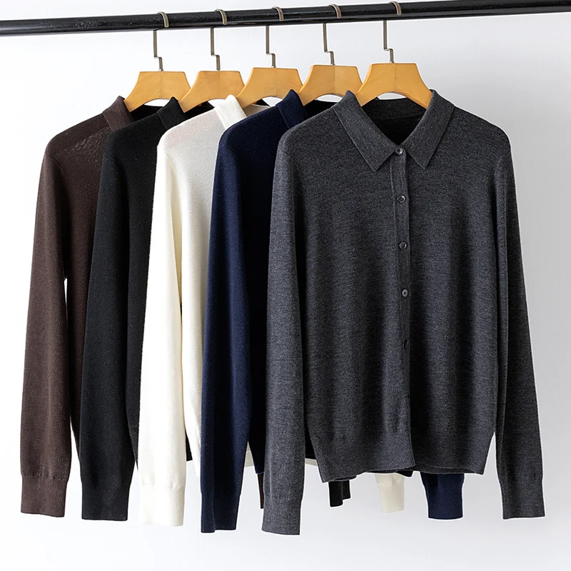 Damen Feiner Knopfcardigan mit Hemdkragen und feinem Feinstrick Drune
