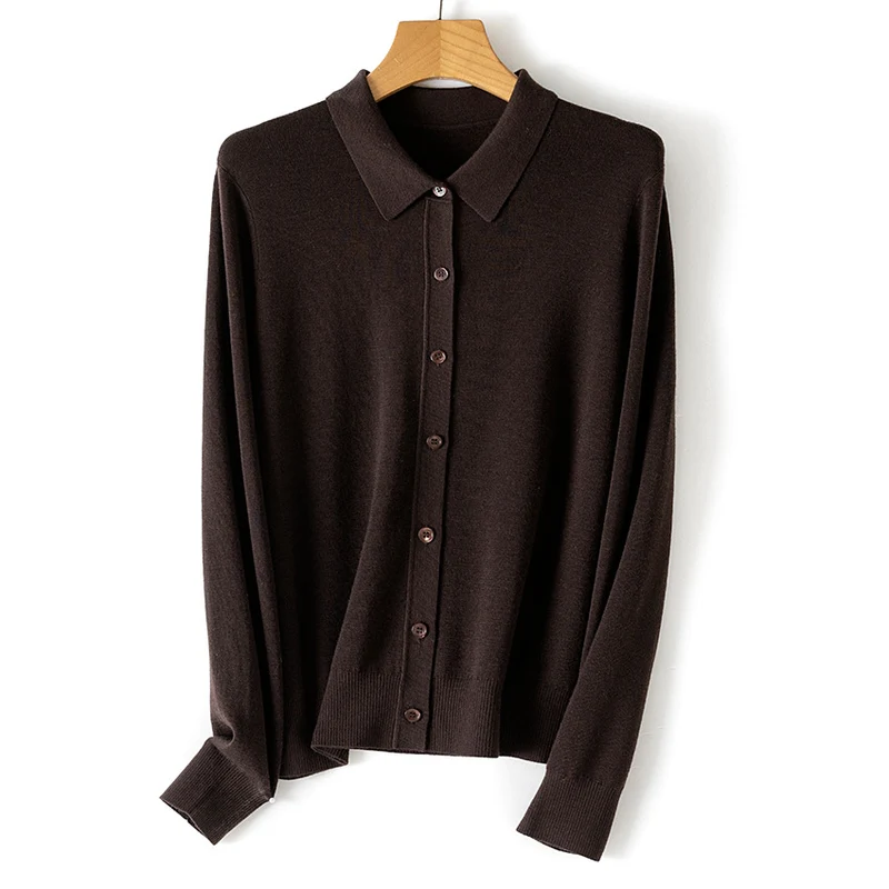 Damen Feiner Knopfcardigan mit Hemdkragen und feinem Feinstrick Drune