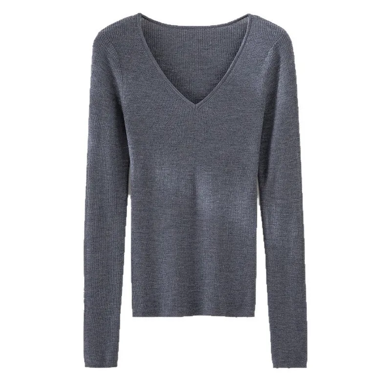 Damen Feiner gerippter Feinstrickpullover mit V-Ausschnitt und taillierter Silhouette Drune