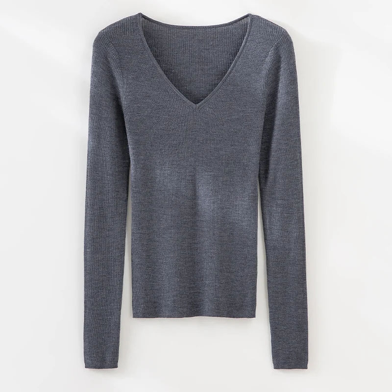 Damen Feiner gerippter Feinstrickpullover mit V-Ausschnitt und taillierter Silhouette Drune