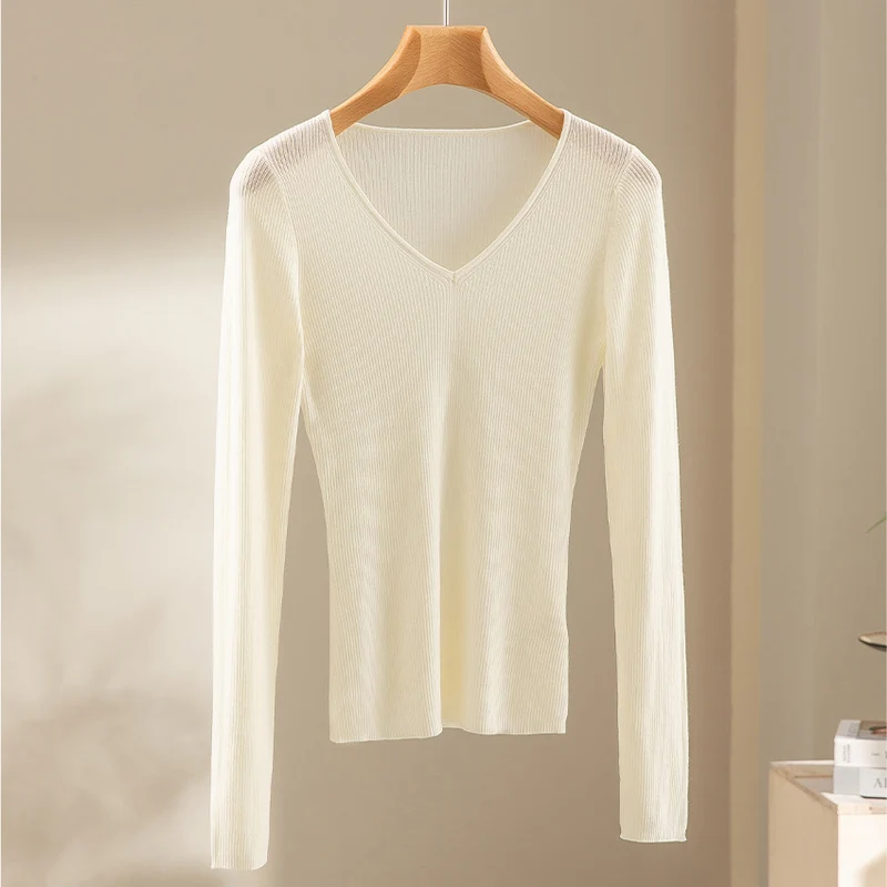 Damen Feiner gerippter Feinstrickpullover mit V-Ausschnitt und taillierter Silhouette Drune