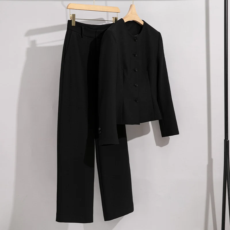 Damen Elegantes Hosenanzug-Set aus feinem Wollmix mit Rundhalsausschnitt Drune