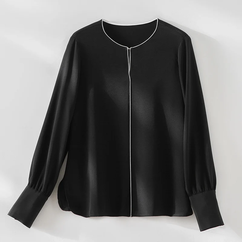 Damen Elegante seidenähnliche Bluse mit Kontrastpaspel und verlängerten Manschetten Drune
