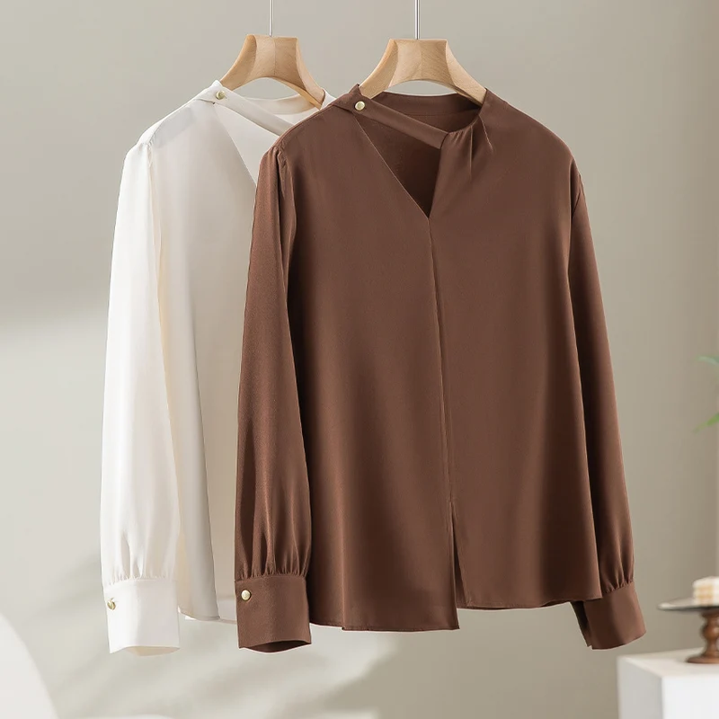 Damen elegante oversized Bluse mit asymmetrischem V-Ausschnitt und Manschetten Drune