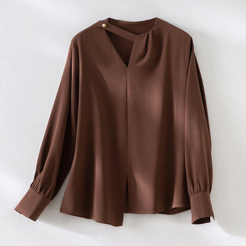 Damen elegante oversized Bluse mit asymmetrischem V-Ausschnitt und Manschetten Drune