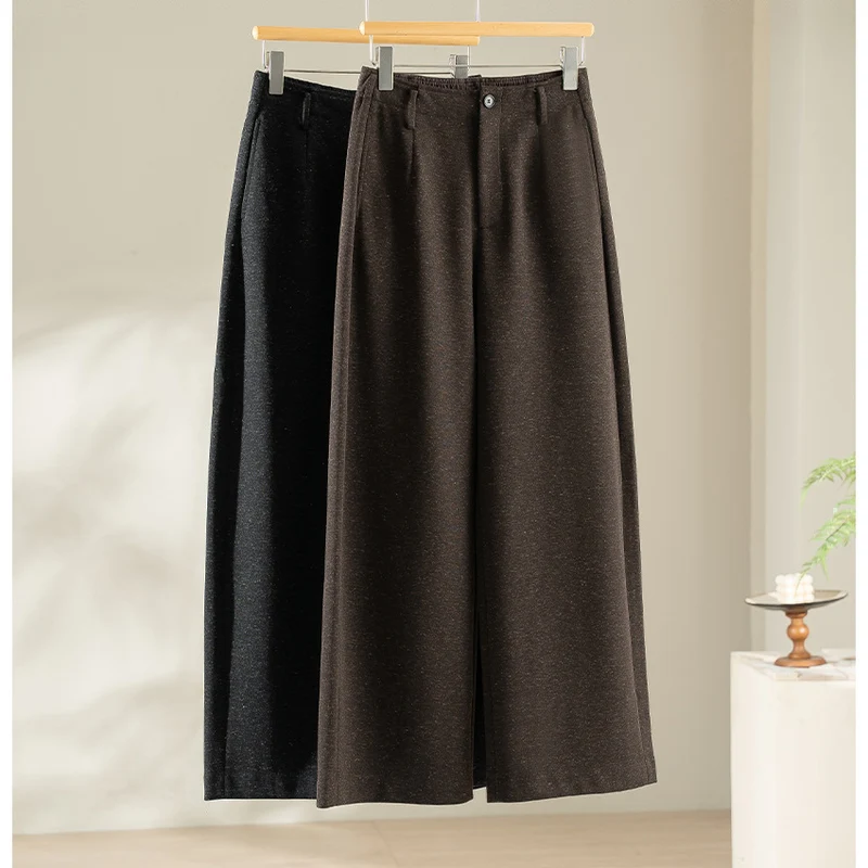 Damen Elegante hochtaillierte Wollblend-Palazzohose mit Bundfalten und geradem Bein Drune