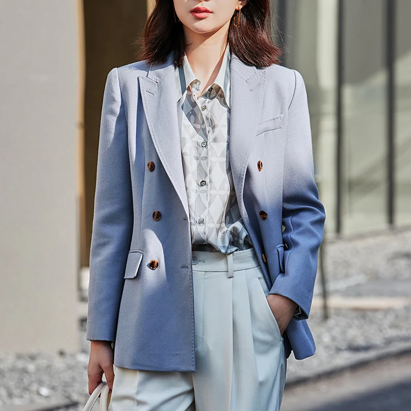 Damen Doppelreihiger taillierter Wollblazer mit Struktur und verstärkten Schultern Drune
