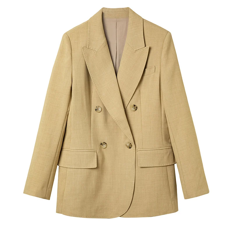 Damen Doppelreihiger strukturierter Blazer mit markantem Revers und Pattentaschen Drune