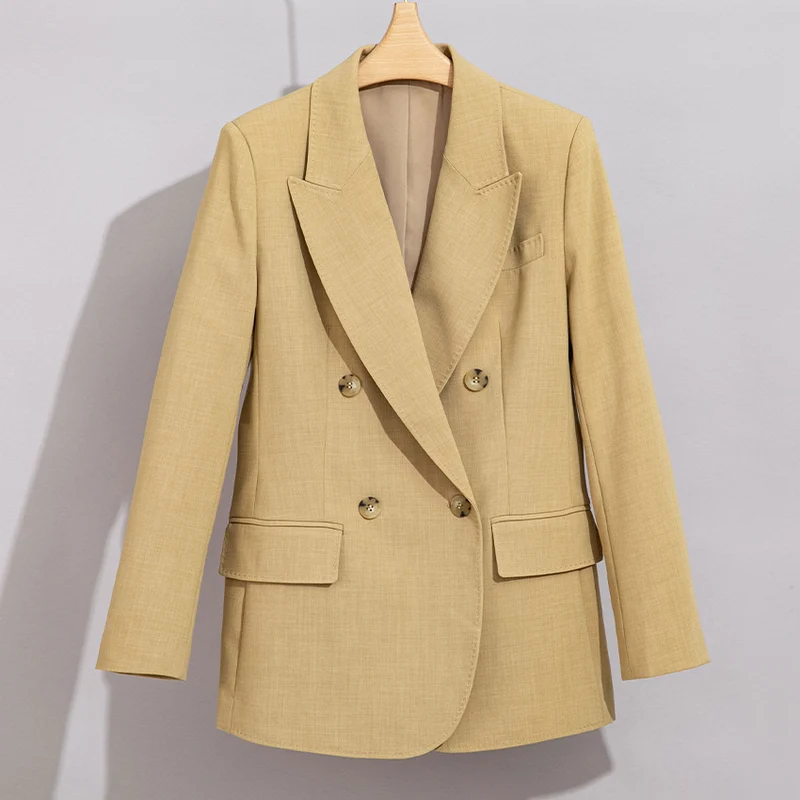 Damen Doppelreihiger strukturierter Blazer mit markantem Revers und Pattentaschen Drune