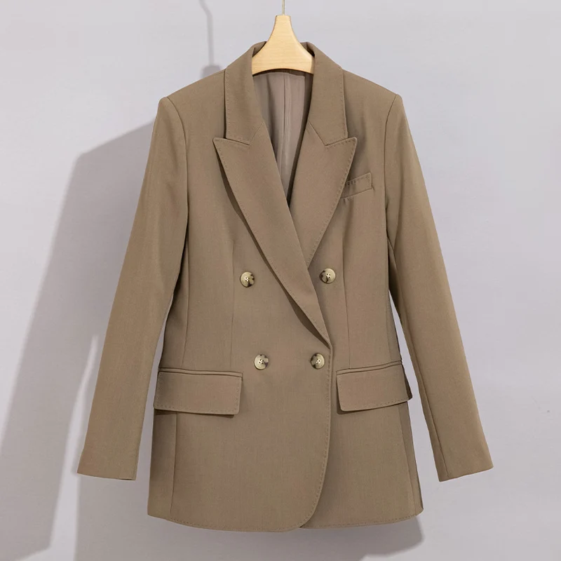 Damen Doppelreihiger strukturierter Blazer mit markantem Revers und Pattentaschen Drune