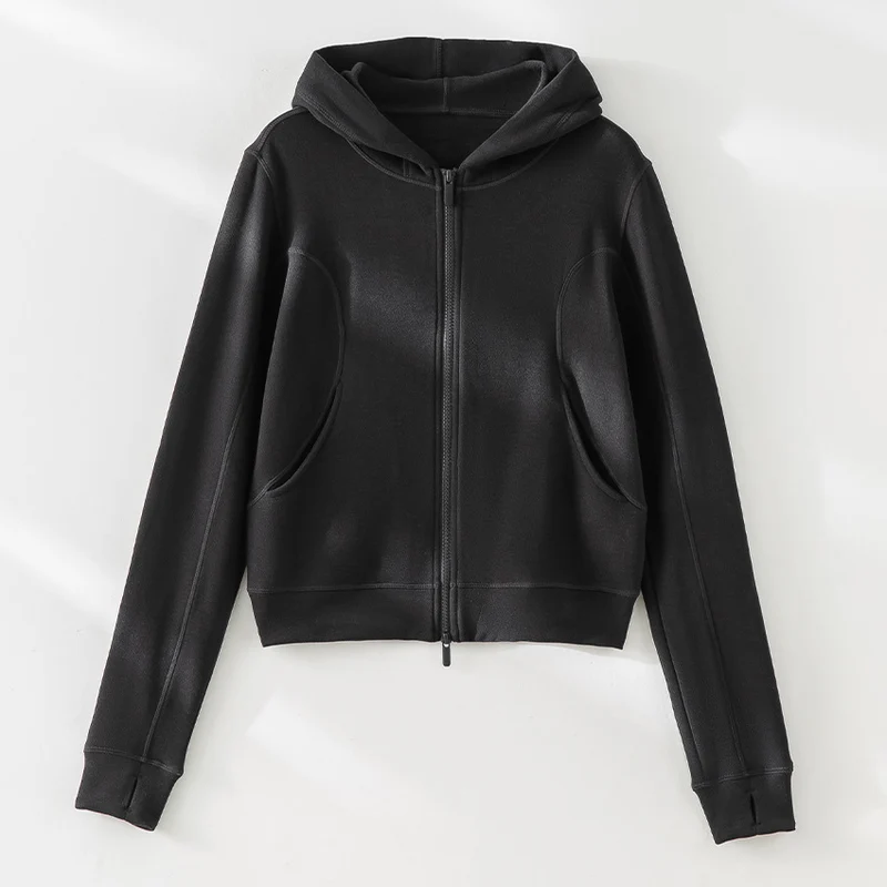 Damen Cropped Kapuzenjacke mit Reißverschluss und konturierten Eingrifftaschen Drune