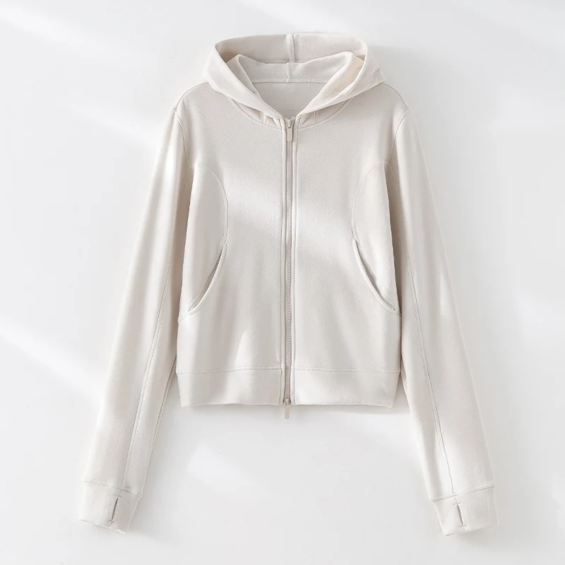 Damen Cropped Kapuzenjacke mit Reißverschluss und konturierten Eingrifftaschen Drune