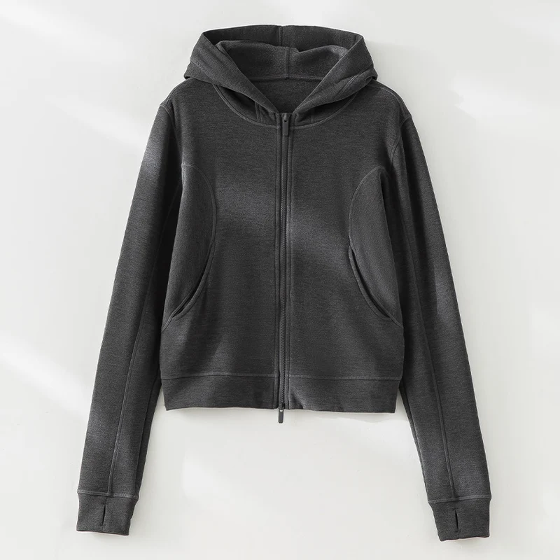 Damen Cropped Kapuzenjacke mit Reißverschluss und konturierten Eingrifftaschen Drune