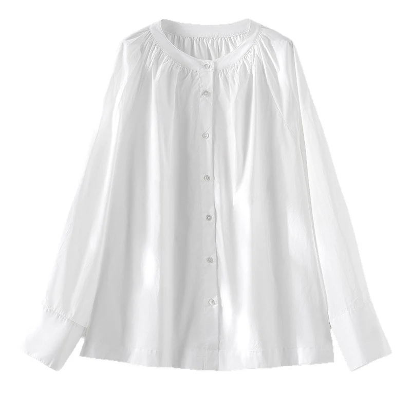 Damen Bluse mit gerafftem Rundhalsausschnitt und durchgehender Knopfleiste Drune