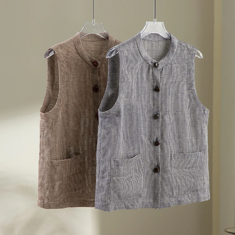 Damen Ärmellose Strickweste mit Stehkragen, Knopfleiste und aufgesetzten Taschen Drune