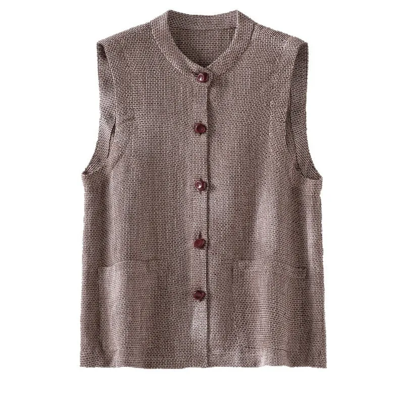 Damen Ärmellose Strickweste mit Stehkragen, Knopfleiste und aufgesetzten Taschen Drune