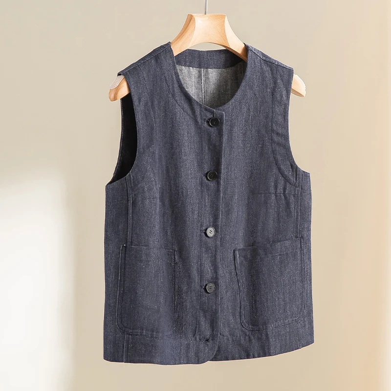 Damen Ärmellose leicht taillierte Weste aus Leinen-Denim mit Knopfleiste und aufgesetzten Taschen Drune