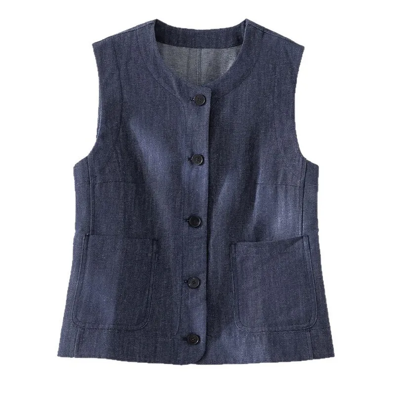 Damen Ärmellose leicht taillierte Weste aus Leinen-Denim mit Knopfleiste und aufgesetzten Taschen Drune