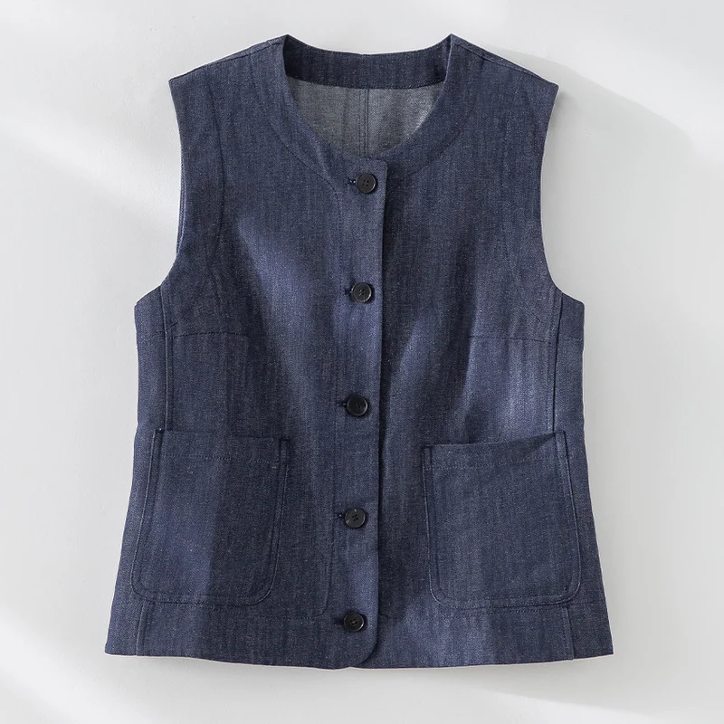 Damen Ärmellose leicht taillierte Weste aus Leinen-Denim mit Knopfleiste und aufgesetzten Taschen Drune