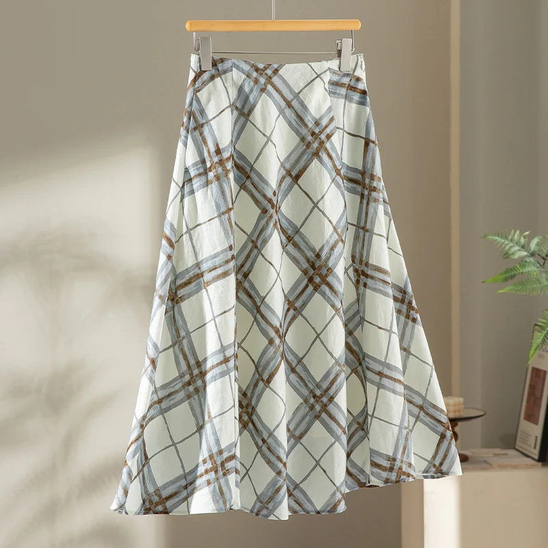 Damen A‑Linien‑Midirock mit hoher Taille und aquarelligem Karomuster Drune