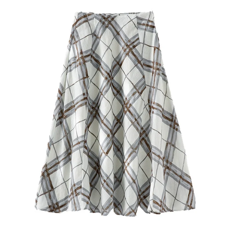 Damen A‑Linien‑Midirock mit hoher Taille und aquarelligem Karomuster Drune