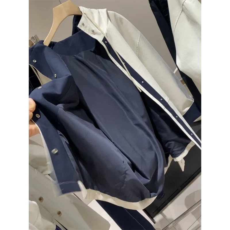 Unisex Oversized utilitarischer Trenchcoat mit kontrastiertem Innenfutter und Kapuze Drune